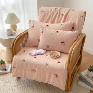 Exquisite embroidered bedsheet in red cherry and green-blue leaf pattern on peach premium cotton bedsheet with two pillow covers