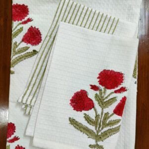 Exquisite handblock print in pink and green on white waffle cotton towel set