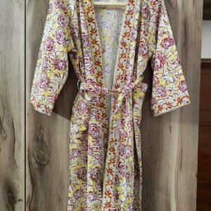 Exquisite handblock floral print in maroon and yellow on white waffle cotton unisex bathrobe