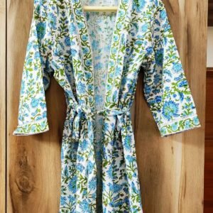 Exquisite handblock floral print in blue and green on white waffle cotton unisex bathrobe