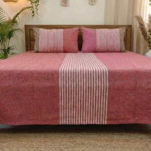 Elegant red, pink, brown and white striped cotton handloom double bedsheet with two pillow covers