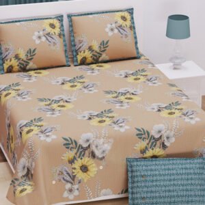 Exquisite floral print in beige  and yellow premium twill cotton double bedsheet with two pillow covers