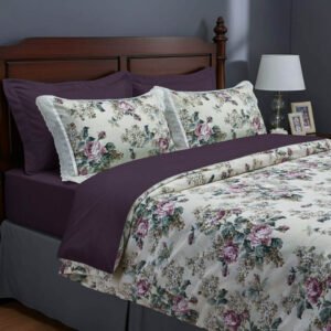 Exquisite floral rose print in pink on cream pure cotton double bedsheet and two pillow covers decorated with beautiful double lace
