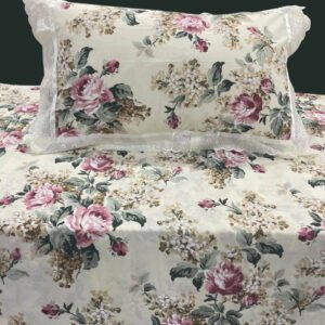 Exquisite floral rose print in pink on cream pure cotton double bedsheet and two pillow covers decorated with beautiful double lace