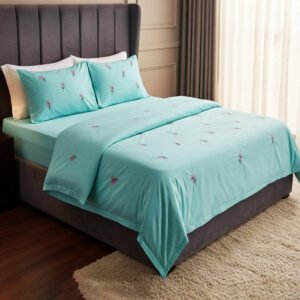 Exquisite embroidered bedsheet with lavender flowers on blue in premium cotton bedsheet along with two pillow covers