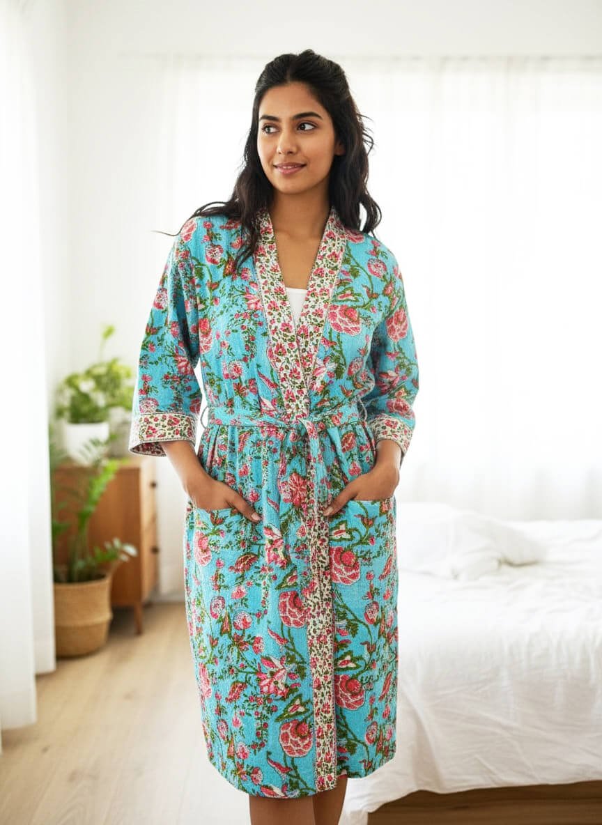 Exquisite handblock floral print in turquoise and pink waffle cotton unisex bathrobe