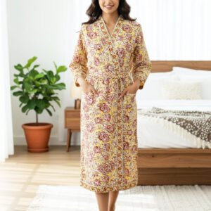 Exquisite handblock floral print in maroon and yellow on white waffle cotton unisex bathrobe