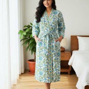 Exquisite handblock floral print in blue and green on white waffle cotton unisex bathrobe