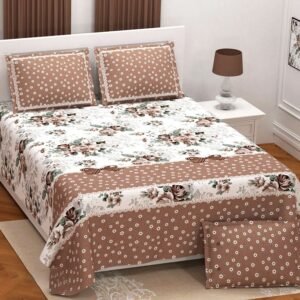 Exquisite print in brown and cream premium twill cotton double bedsheet with two pillow covers