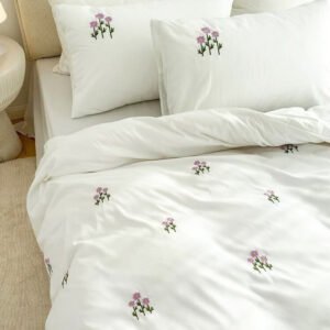 Exquisite embroidered bedsheet with lavender floral pattern on white in premium cotton bedsheet along with two pillow covers