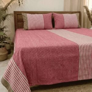 Elegant red, pink, brown and white striped cotton handloom double bedsheet with two pillow covers