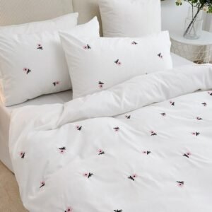 Exquisite embroidered cotton bedsheet with pink flowers on white in premium cotton bedsheet along with two pillow covers