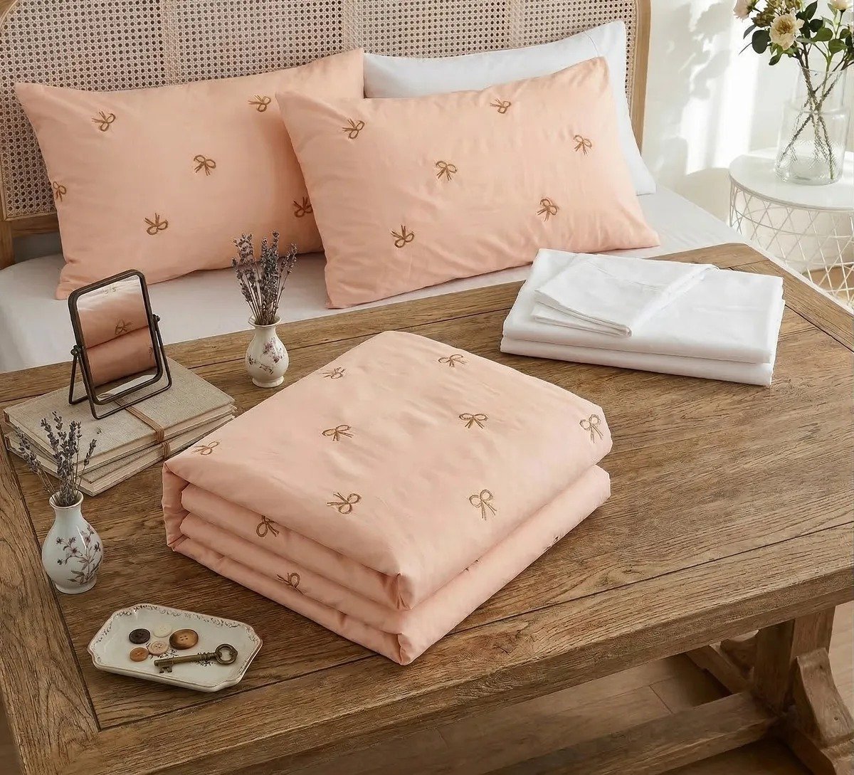 Exquisite embroidered cotton bedsheet with brown bow on peach in premium cotton bedsheet along with two pillow covers