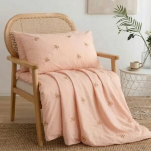 Exquisite embroidered cotton bedsheet with brown bow on peach in premium cotton bedsheet along with two pillow covers