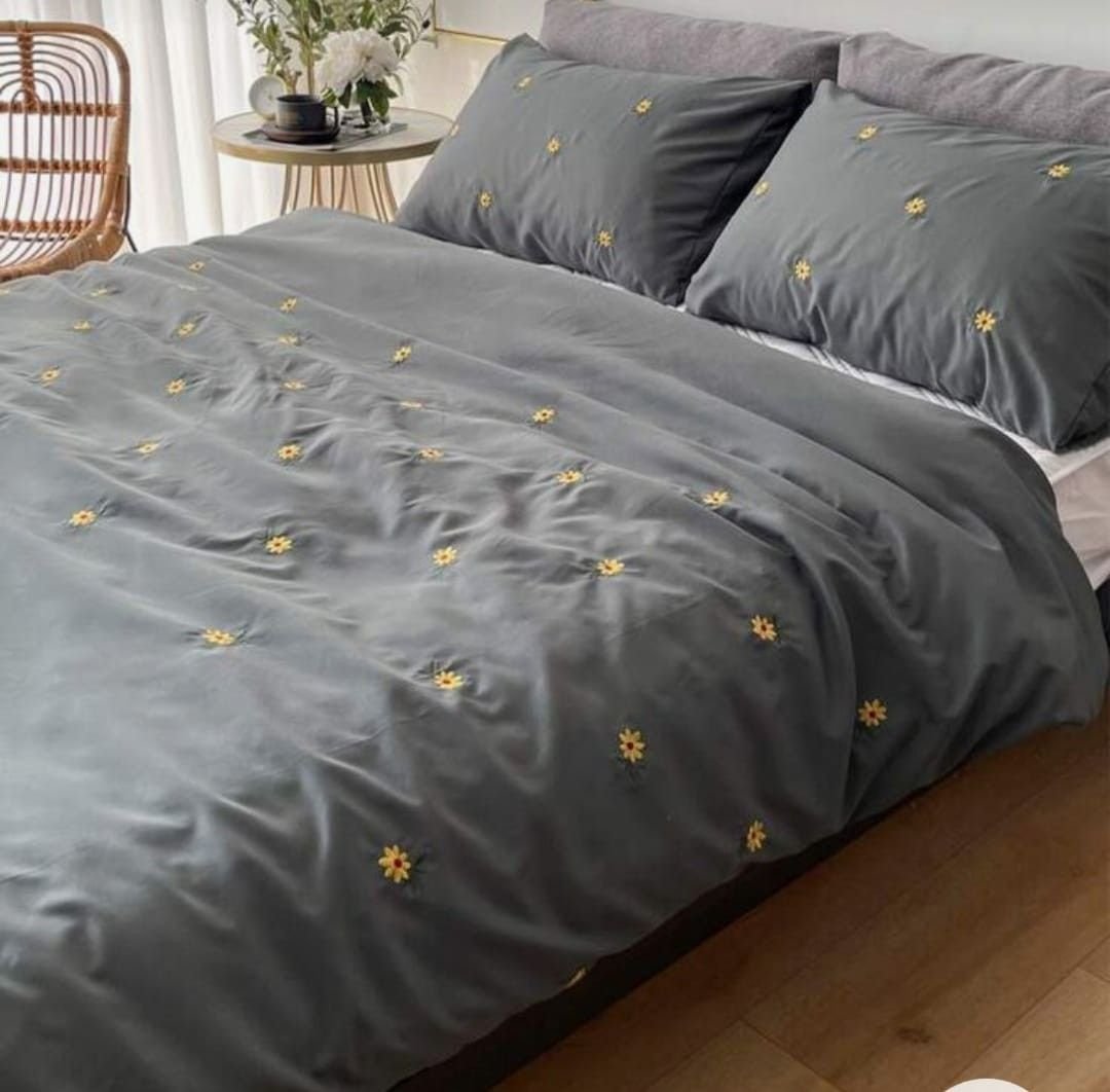 Dark Grey Cotton Embroidered Double Bedsheet with Sunflowers