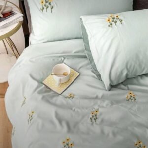 Pastel Green Cotton Embroidered Double Bedsheet with Sunflowers