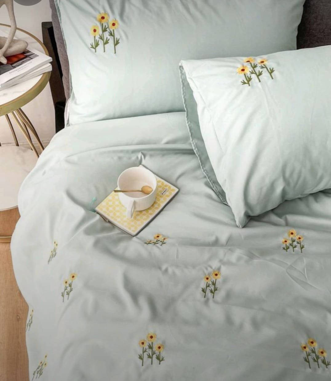 Pastel Green Cotton Embroidered Double Bedsheet with Sunflowers