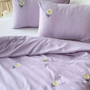 Purple Cotton Embroidered Double Bedsheet with white Daisy Flowers