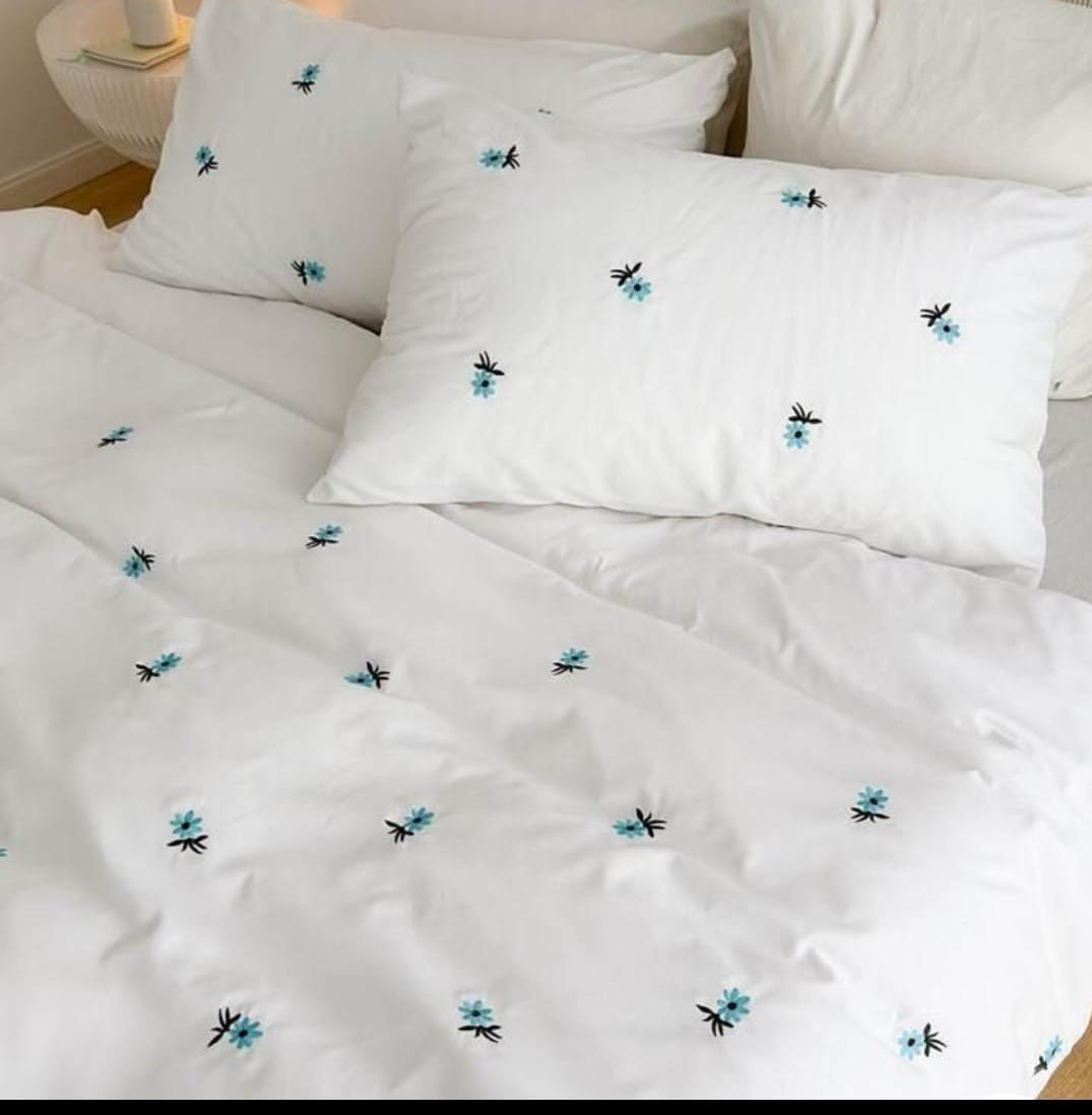 White Cotton Embroidered Double Bedsheet with Blue Flowers