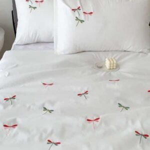 White Cotton Embroidered Double Bedsheet with Multicolour Dragonfly