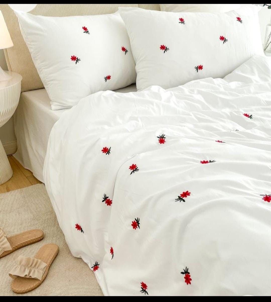 White Cotton Embroidered Double Bedsheet with Red Flowers