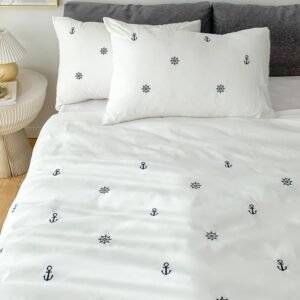 White cotton embroidered double bedsheet bedsheet with blue anchor & ship wheel pattern