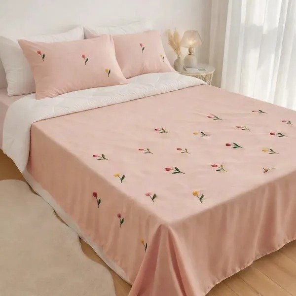 Pink Cotton Embroidered Double Bedsheet with Multicolour Tulips