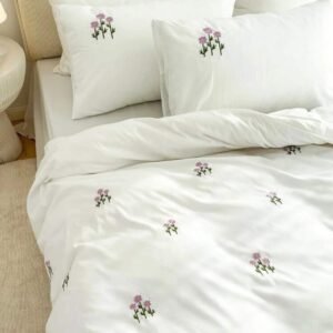 Exquisite embroidered bedsheet with lavender floral pattern on white in premium cotton bedsheet along with two pillow covers