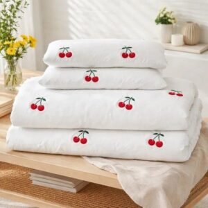 Exquisite embroidered bedsheet in red cherry pattern on white in premium cotton bedsheet with two pillow covers