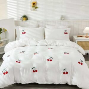 Exquisite embroidered bedsheet in red cherry pattern on white in premium cotton bedsheet with two pillow covers