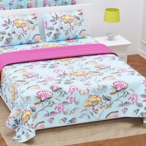 Exquisite print in pink and yellow on blue premium twill cotton double bedsheet with two pillow covers