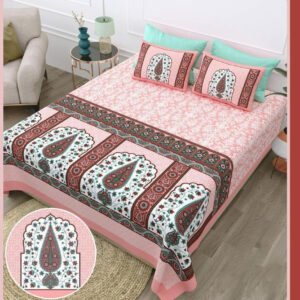 Exquisite print in pink and brown pure cotton double bedsheet and two pillow covers