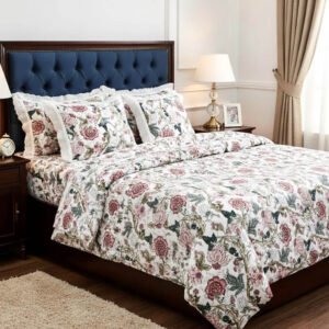 Exquisite anokhi print in pink on cream cotton double bedsheet, lace decorated two pillow covers and 2 lace decorated cushions with covers (5 piece set)