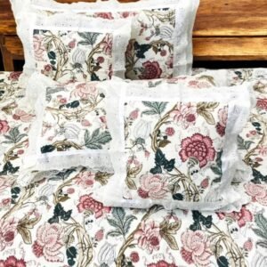 Exquisite anokhi print in pink on cream cotton double bedsheet, lace decorated two pillow covers and 2 lace decorated cushions with covers (5 piece set)