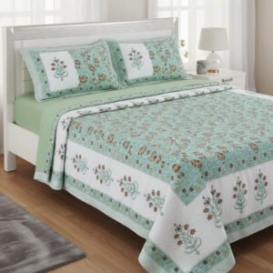 Exquisite floral print in brown on green premium cotton double  bedsheet and two pillow covers