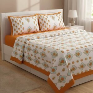 Exquisite floral print in orange and white premium cotton double bedsheet and two pillow coversc