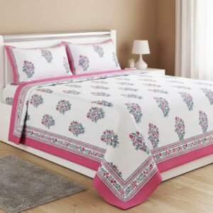 Exquisite big booti floral print in pink and green on white premium cotton double bedsheet and two pillow covers