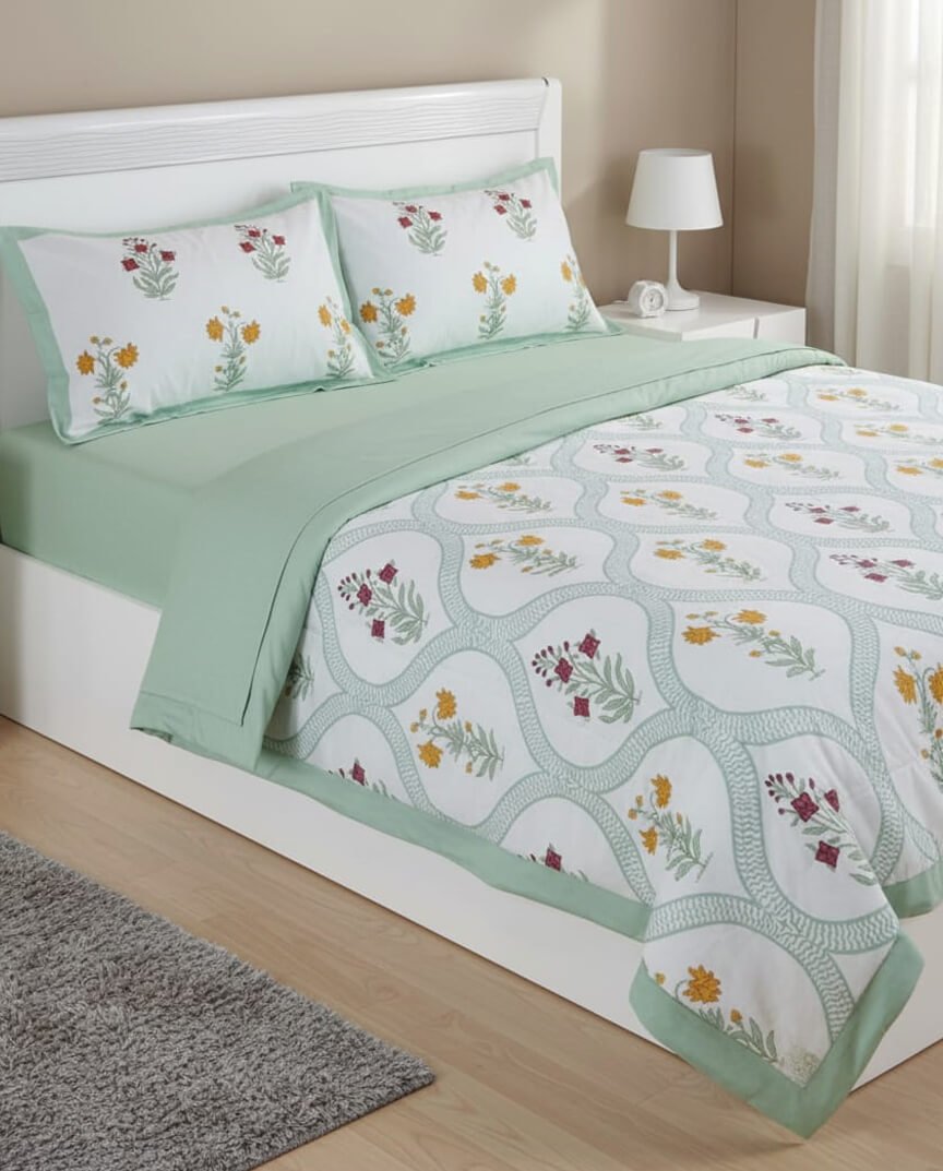 Exquisite moghul print in yellow and pink on white premium cotton double bedsheet and two pillow covers