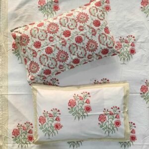 Exquisite print in pink and green on cream pure percale cotton double bedsheet and two pillow covers