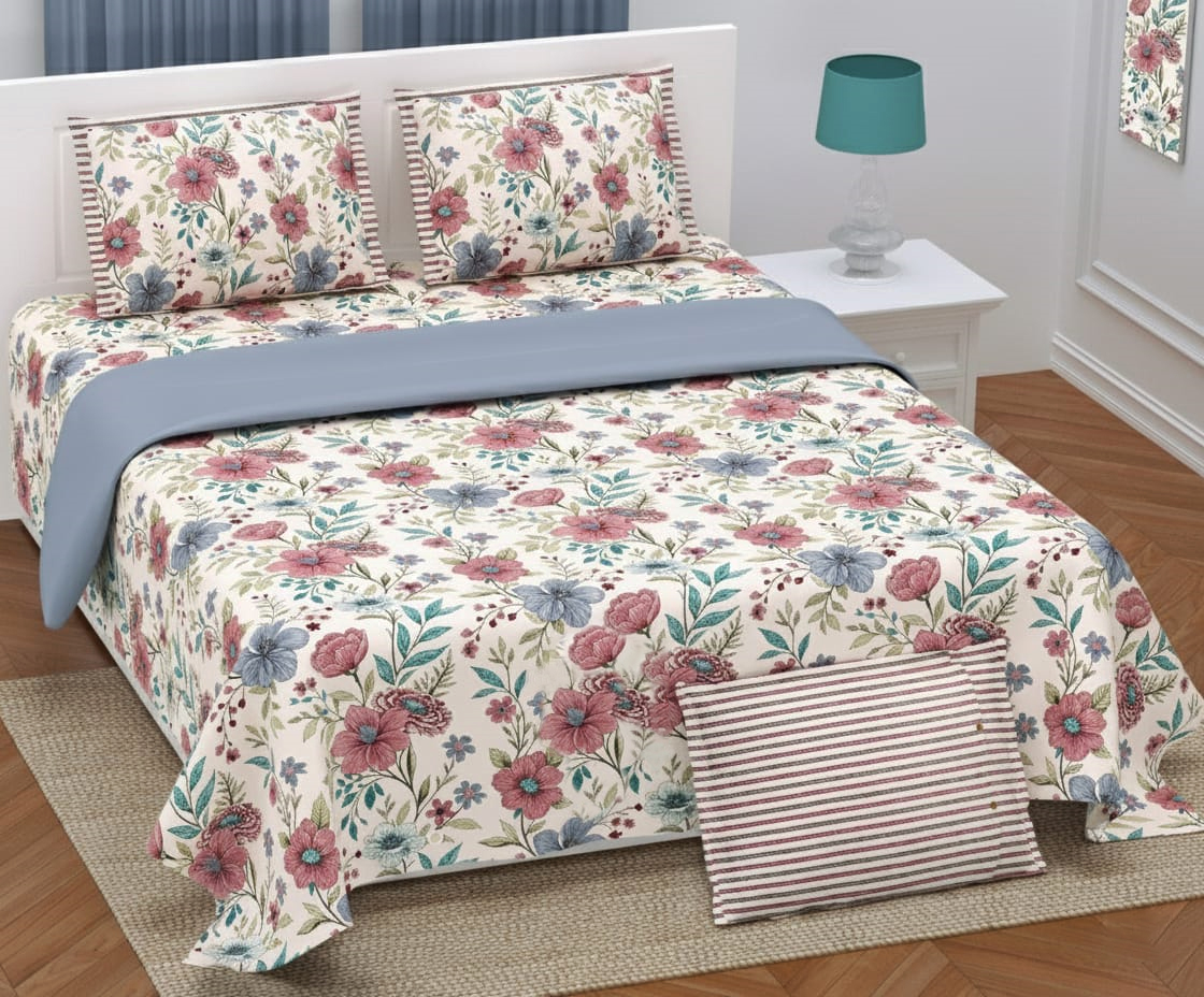white_peach_blue_floral_twill_superkingsize_cotton_bedsheet