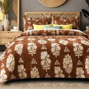 brown cream flannel bedsheet floral