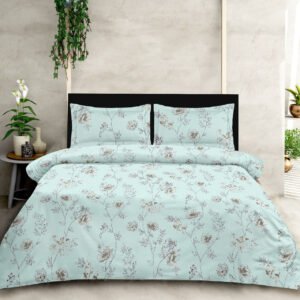 Exquisite floral print in turquoise blue and grey double bedsheet and two pillow covers in super premium percale cotton