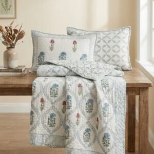 Exquisite handblock in blue and magenta on white pure mulmul cotton quilted, reversible bedcover and two quilted pillow covers