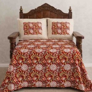 Exquisite floral print in maroon and cream premium cotton double bedsheet and two pillow covers
