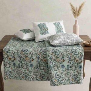 Exquisite floral print in green and grey cotton double bedsheet and two pillow covers