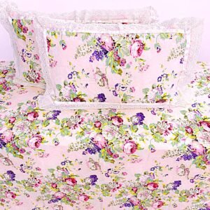 floral_pink_cotton_bedsheet_lace